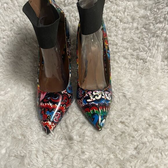 Dollhouse Graffiti print multi color ankle strap heels back zipper  SZ9 - Picture 3 of 13